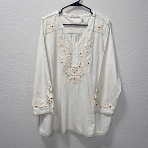 Soft Surroundings Cotton Embroidered Tunic Cream Metallic XL Floral Lagenlook